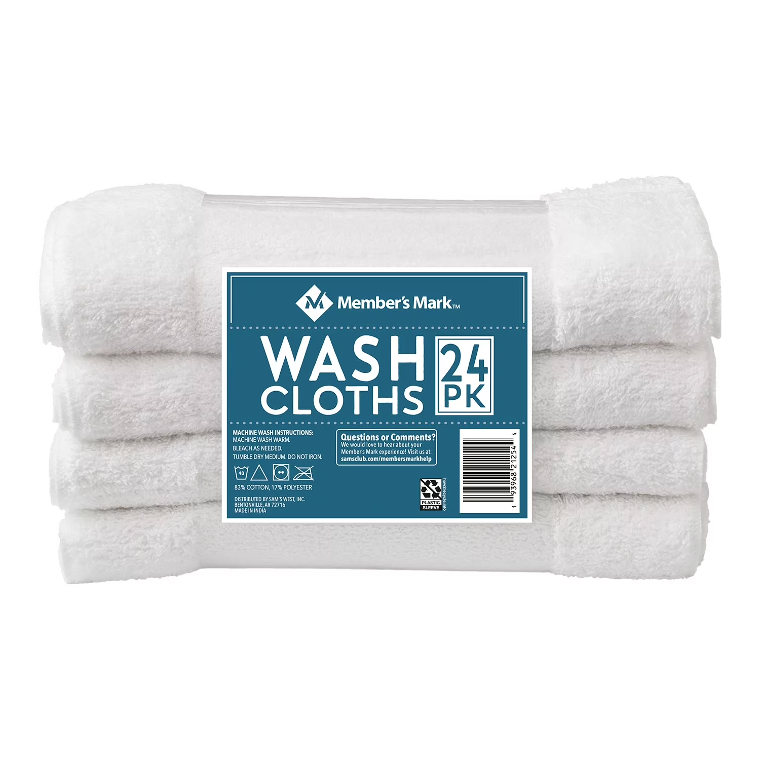 Member's Mark Commercial Washcloth, White (Set of 24)