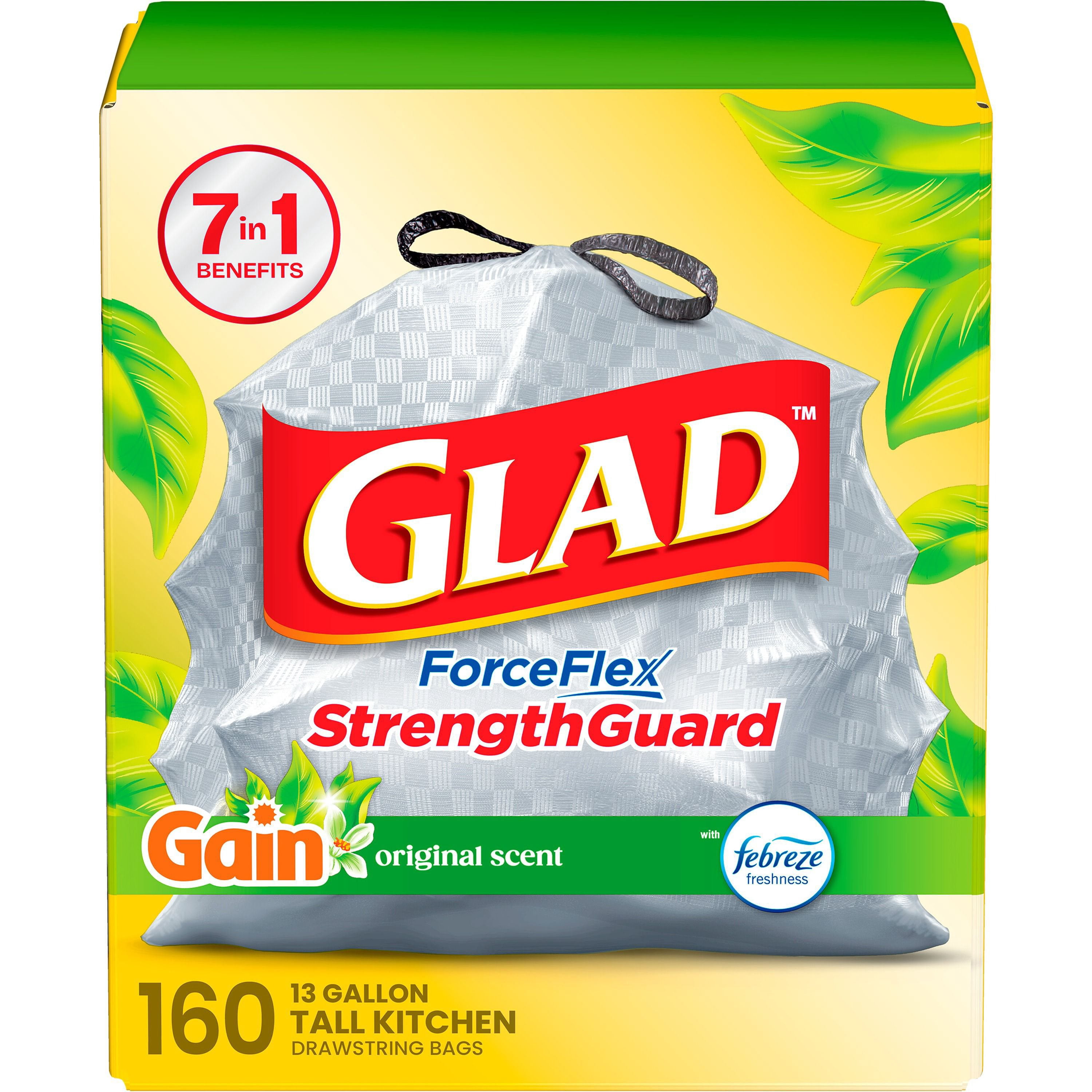 Glad ForceFlex Tall Kitchen Drawstring Trash Bags, Gain Original Scent with Febreze, 13 Gallon, 160 ct. Primary image