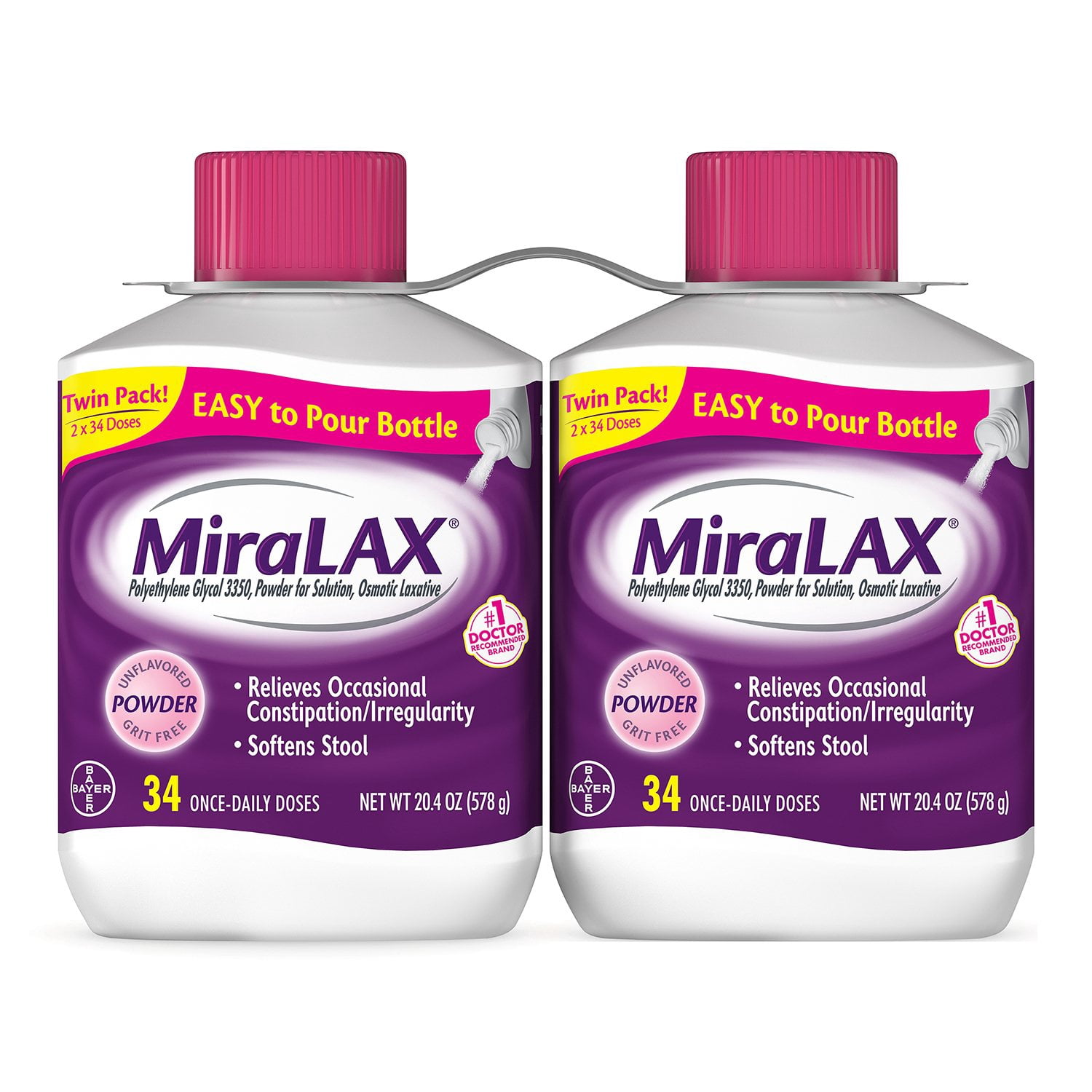 MiraLAX Gentle Constipation Relief Laxative Powder, 34 Dose, 2 ct. Primary image