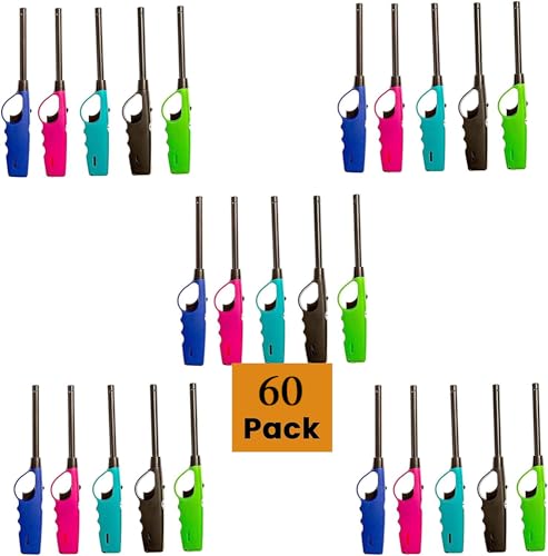 Elite Brands USA Long Lighters, Wholesale Pack, Multi Use Butane Refillable Neon Fire Lighters, Ideal for Fireplace, Candle, BBQ (60 Pc Pack) Primary image