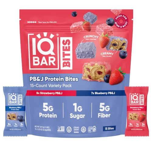 IQBAR Bites High Protein Snacks, Low Sugar PB&J Variety Pack, 15 Count | 5g Plant Protein, 5g Prebiotic Fiber, 1g Sugar | Vegan, Gluten Free, Dairy Free, Non-GM Primary image
