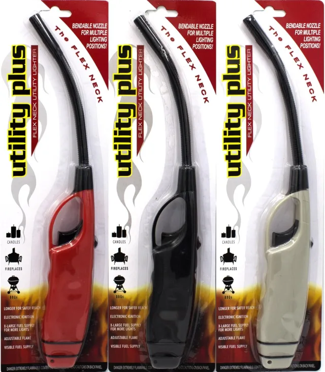 Long BBQ Lighters, Long Flexible Neck, Multi-Purpose use for Barbeque Grill Fireplace Gas Stove Cooking, Flex Wand Fire Lighters, Value Pack of 3